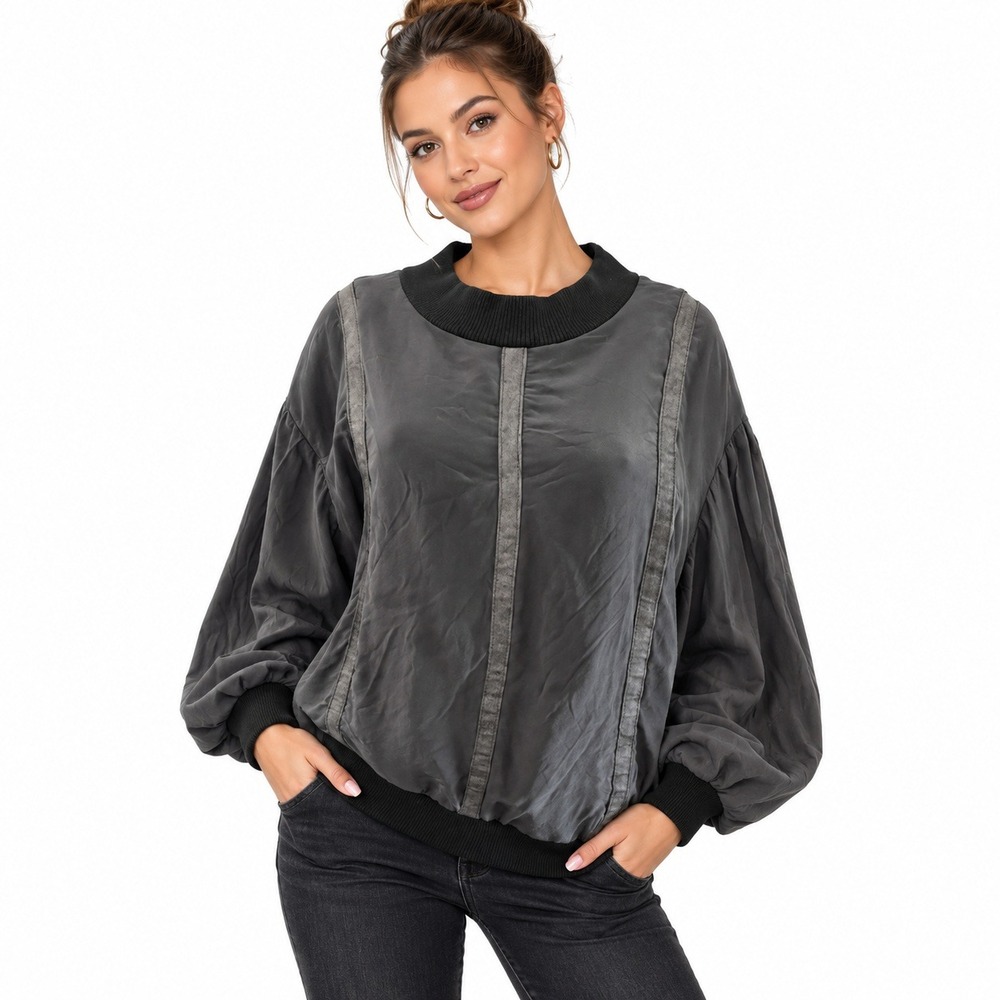 Egdon Heath Silk Bomber Jacket Womens M Gray Leather Trim Vintage Streetwear